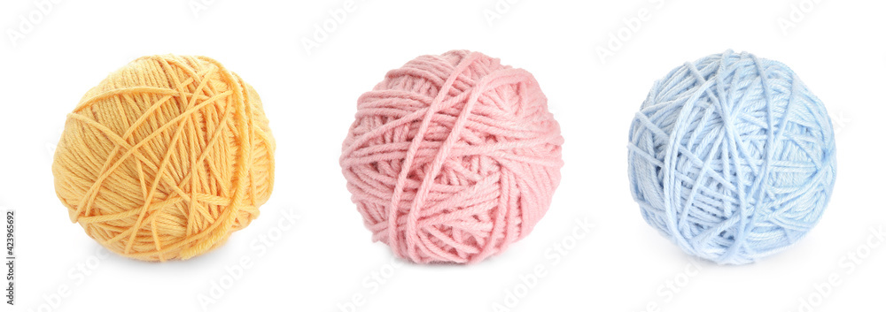 Set with different woolen yarns on white background. Banner design Set with different woolen yarns on white background. Banner design
