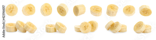 Pieces of tasty ripe banana on white background, collage. Banner design