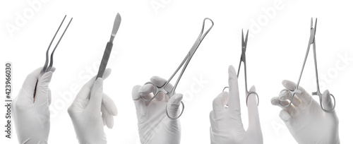 Collage with photos of doctors holding different surgical instruments on white background, closeup. Banner design photo