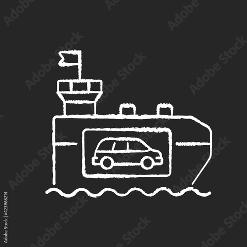 Vehicle carrier ship chalk white icon on black background. Car shipping service. Wheeled cargo transportation. Ro-ro ships. Carrying cars and trucks. Isolated vector chalkboard illustration