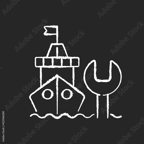 Ship maintenance and repair chalk white icon on black background. Repairing floating vessels. Naval engineering. Keeping mechanical equipment going. Isolated vector chalkboard illustration