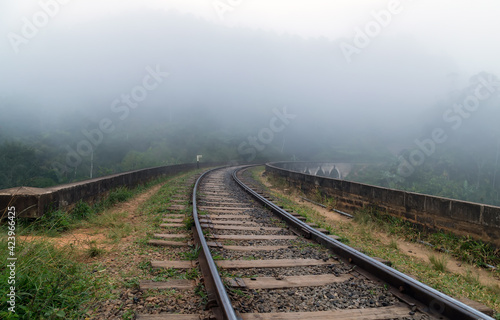 Landscape mountain railway bridge. Perspective View Metal rail road path