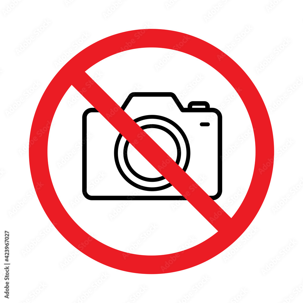 No photography, No camera sign, Taking pictures not allowed, Prohibition symbol sticker for area places, Isolated on white background, Thin line design vector illustration No photography, No camera sign, Taking pictures not allowed, Prohibition symbol sticker for area places, Isolated on white background, Thin line design vector illustration