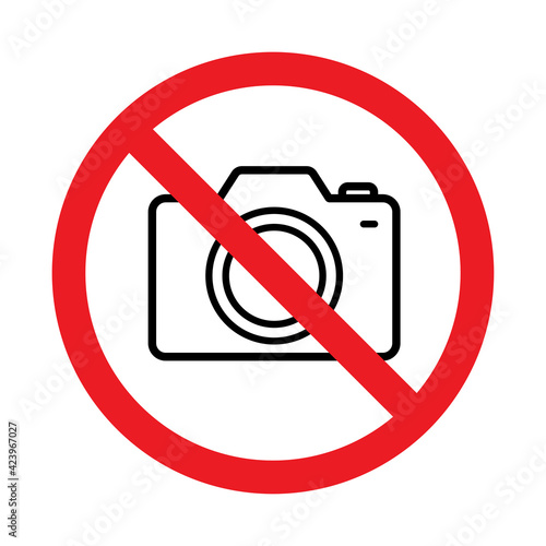 No photography, No camera sign, Taking pictures not allowed, Prohibition symbol sticker for area places, Isolated on white background, Thin line design vector illustration