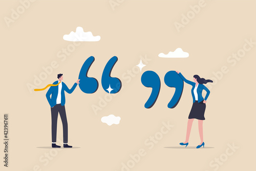 Inspiration quotes to motivate people, business quotation or message to achieve success concept, smart businessman and businesswoman standing with quotation mark sign.