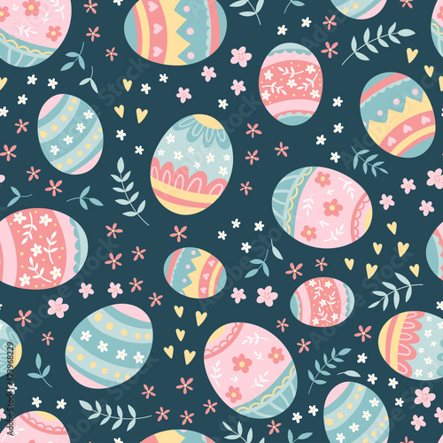 Cute colorful Easter seamless pattern with doodle easter eggs and cute little flowers, great for Easter textiles, wallpapers, as background for cards, invitations - vector design