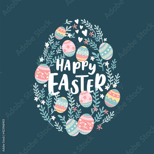 Canvas Print Cute hand drawn Easter design, fun colorful easter eggs and doodle flowers, grea