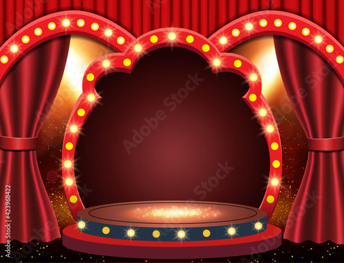 Background with red theatre curtain, retro arch banner and podium