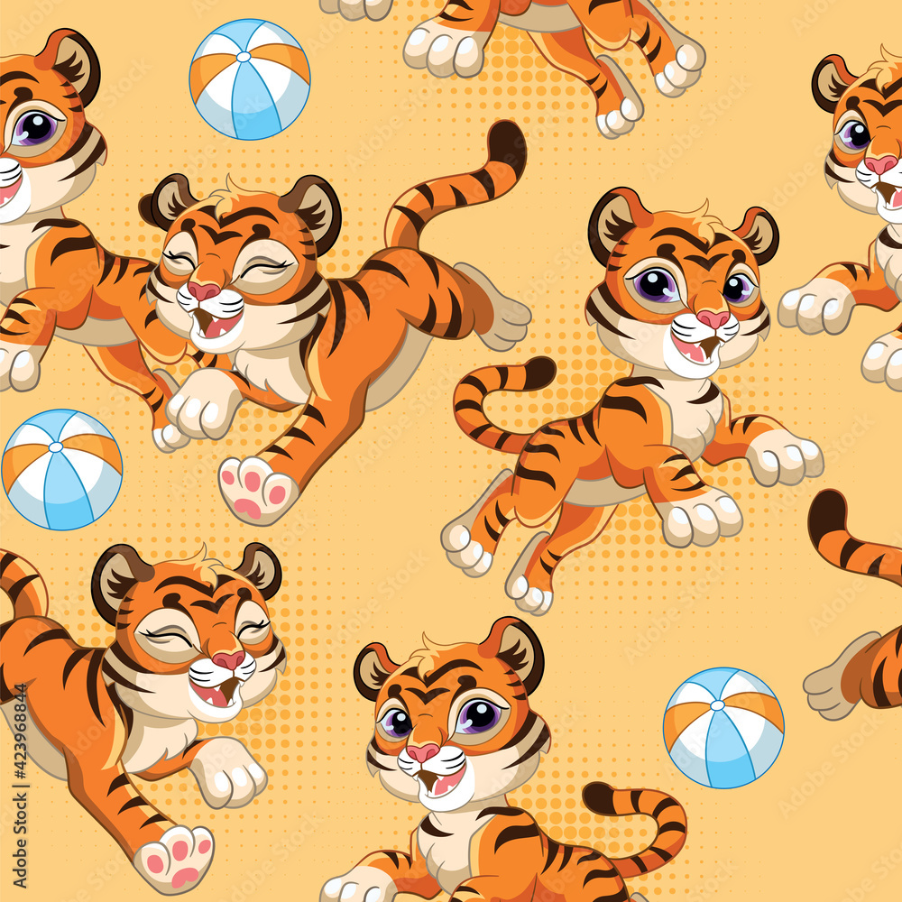 Seamless pattern with cartoon tigers and balls Seamless pattern with cartoon tigers and balls