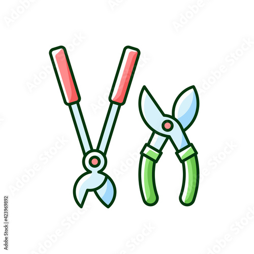 Garden secateurs RGB color icon. Bypass loppers. Hedge trimmers. Pruning trees, shrubs and shears. Care for living plants, saplings. Thick branches cutting. Hand pruners. Isolated vector illustration