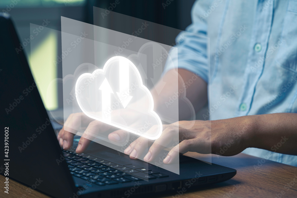 Virtual Cloud and technology icons , Businessman using laptop computer to control operations thru cloud computing system. Virtual Cloud and technology icons , Businessman using laptop computer to control operations thru cloud computing system.