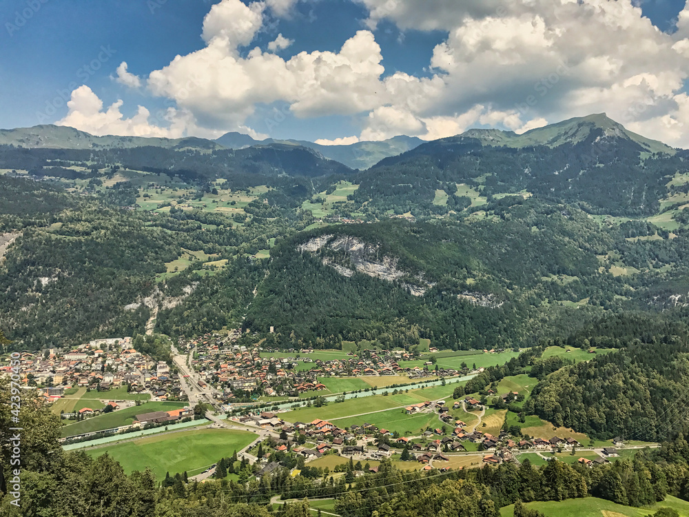 Panoramic view of Meiringen, near Reichenbach falls (Reichenbachfall) at Swiss Alps, Switzerland