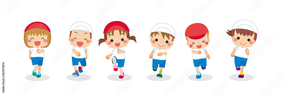 こちらに向かって駆け寄ってくる可愛い小さな子供たちのイラスト 運動会 走る 白背景 Stock Vector Adobe Stock