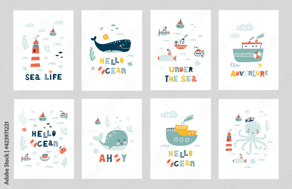 Marine animals posters set. Undersea world inhabitants.  Under The Sea. Оctopus, whale, fish, crab, sea transport. Vector