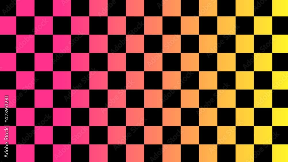 Black checkered pattern on colorful gradient background. Geometric motion graphic background. Black checkered pattern on colorful gradient background. Geometric motion graphic background.