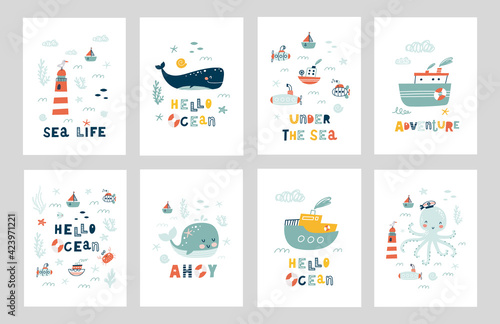 Marine animals posters set. Undersea world inhabitants.  Under The Sea. Оctopus, whale, fish, crab, sea transport. Vector