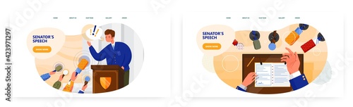 Senators speech landing page design, website banner vector template set. Politician giving election speech. Debates.
