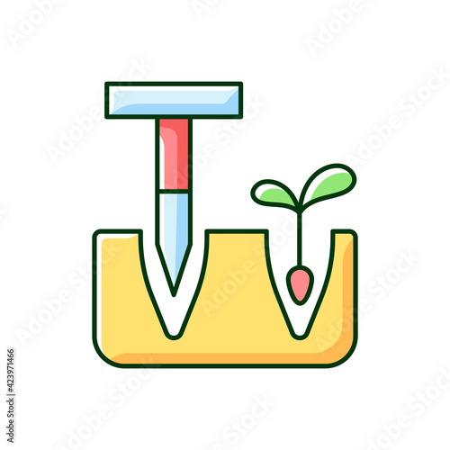 Dibbler RGB color icon. Pointed wooden stick. Holes and furrows creation for planting. Preparation flower bed. T-handled dibber. Planting small bulbs, seeds. Isolated vector illustration
