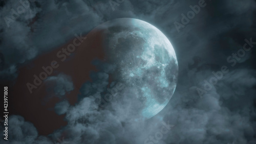 Moon in fog and smoke on black background, creative illustration symbolizing Darkness and Death for Halloween with a copy spaces at left, right and bottom.
