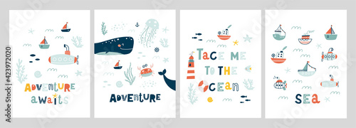 Marine animals posters set. Undersea world inhabitants.  Under The Sea. Оctopus, whale, fish, crab, sea transport. Vecto