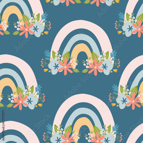 Scandinavian spring card with spring flowers, flowering branches, birds and butterflies.