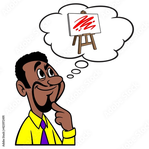 Man thinking about Art Class - A cartoon illustration of a man thinking about taking an Art Class.
