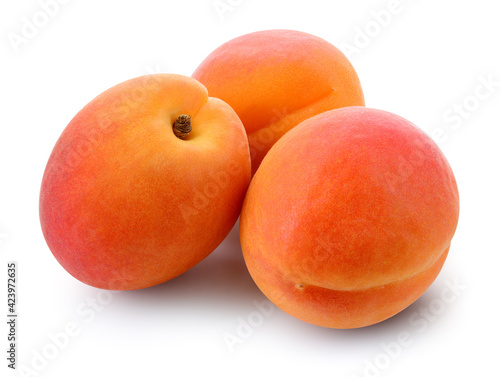 Apricot. Apricots isolate on white. Whole three apricots. With clipping path. Full depth of field.