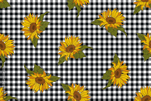 .Bright sunflowers on a black and white buffalo check  plaid. Vector seamless pattern. Floral design.