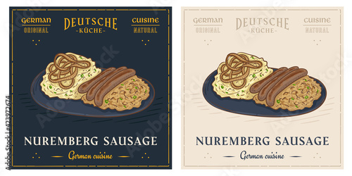 Nuremberg Sausage with potato and sauerkraut traditional German food plate