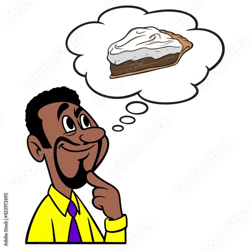 Man thinking about Chocolate Pie - A cartoon illustration of a man thinking about Chocolate Pie.