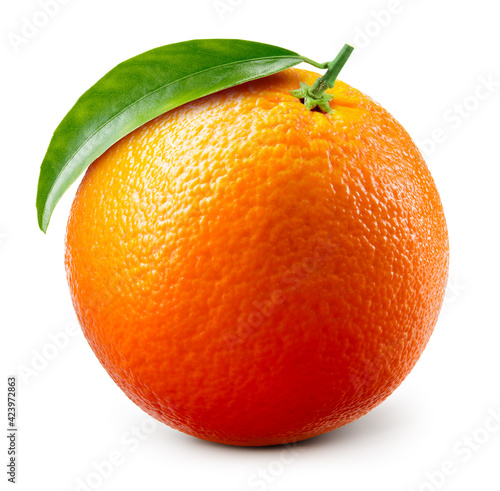 Orange fruit isolate. Orange citrus on white background. Whole orange fruit with leaves. Clipping path. Full depth of field. photo