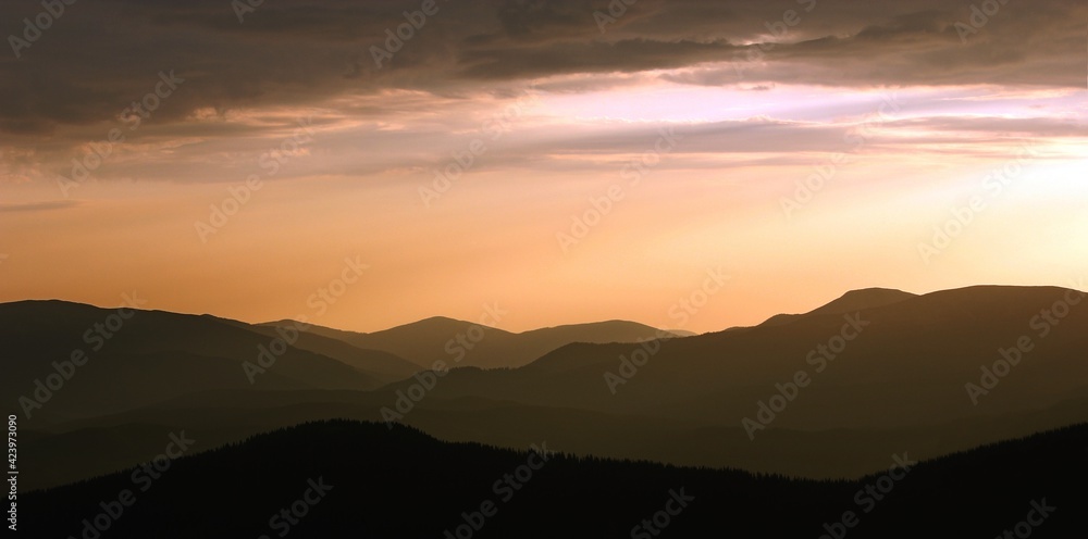 picturesque foggy summer sunrise scenery, stunning landscape in the mountains, mountains hills and wonderful morning sky, Carpathian mountains, Ukraine, Europe
