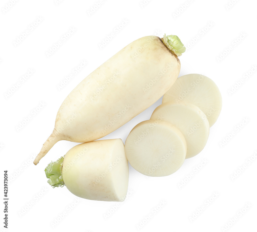 Sliced and whole fresh ripe turnips on white background, top view Sliced and whole fresh ripe turnips on white background, top view