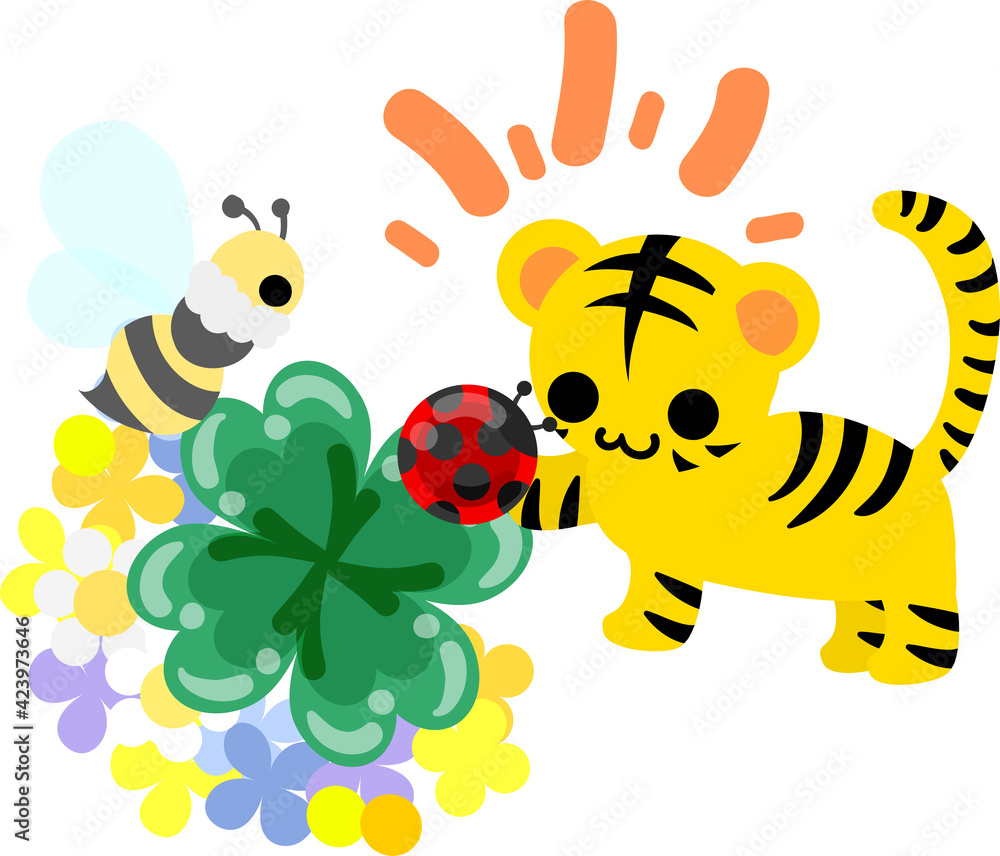 可愛い虎ちゃんとミツバチとてんとう虫とクローバーのイラスト Stock Vector Adobe Stock