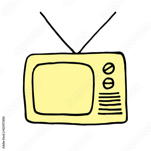 vintage television set with antennas - one line drawing. vector doodle sketch of old fashioned tv set in 90s style