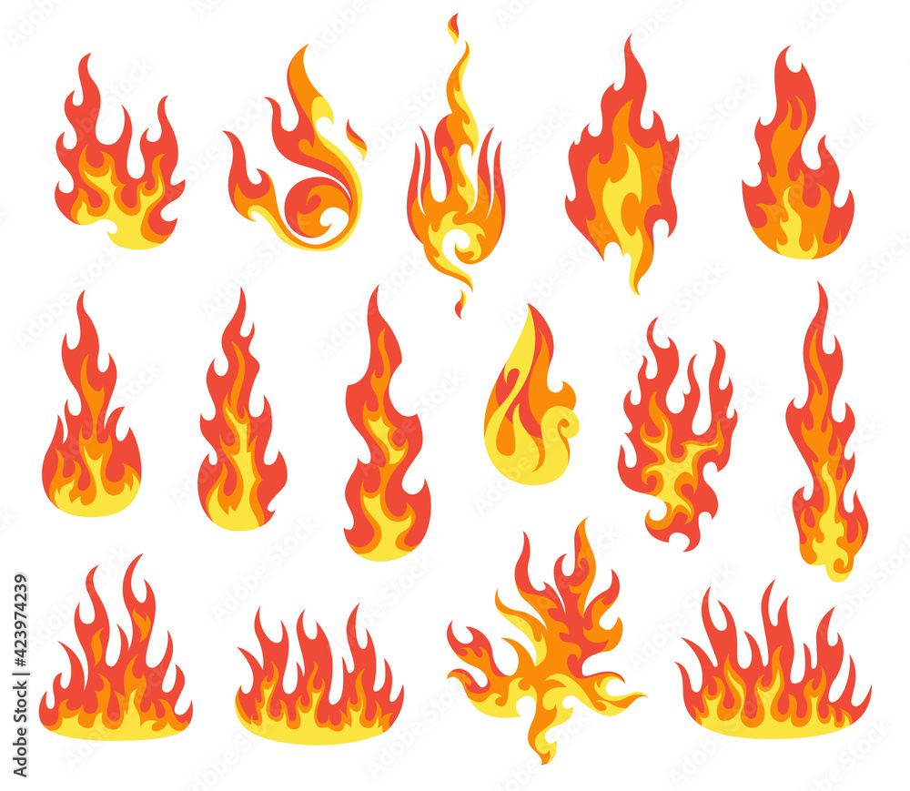Set of red and orange fire flame. Flames of different shapes. Fireball set, flaming symbols. Idea of energy and power. Collection of hot flaming element. icons in cartoon style Set of red and orange fire flame. Flames of different shapes. Fireball set, flaming symbols. Idea of energy and power. Collection of hot flaming element. icons in cartoon style