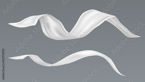 3D Flying White Fabric Pieces On Gray