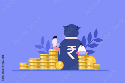 Conceptual illustration of financial experts sitting on stacks of Rupee coins and a big money bag 