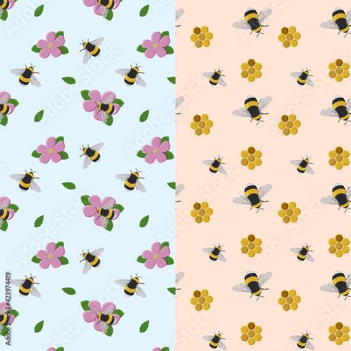 Set of seamless patterns. Bumblebees on a flower and honey combs on a blue and peach color background. Print wrapping paper, textile clothing