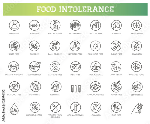 Allergen ingredients vector icons. Product free allergen ingredient symbols photo