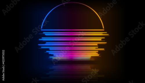 Retro 80s neon laser sun abstract colorful background. Vector design