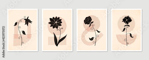 Botanical wall art vector set. Minimal and natural wall art. Boho foliage line art drawing with abstract shape. Abstract Plant Art design for print, wallpaper, cover. Modern vector illustration.