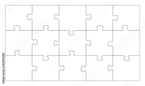 Puzzle with 15 white unique pieces in a rectangular shape.
Jigsaw Puzzle printing and cutting template.
Puzzle cutting lines on white background.
Each puzzle piece is unique.