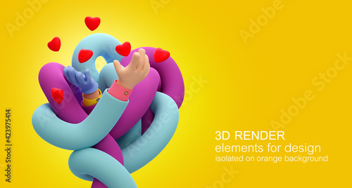 Cartoon hands in rubber medical glove tied in a knot with the other hand. Hands holds  red hearts. Isolated on orange background . 3d render.