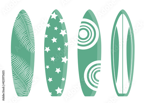  Collection of surfing boards designs isolated on white background. Blue and white.