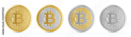 Realistic golden cryptocurrency mining coin pack in four different color types. Isolated gold coins.