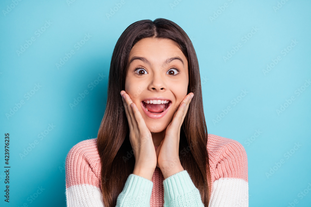 Portrait of impressed positive girl arms on cheeks open mouth cant believe isolated on blue color background Portrait of impressed positive girl arms on cheeks open mouth cant believe isolated on blue color background