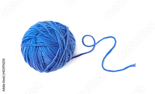 Soft blue woolen yarn isolated on white, top view