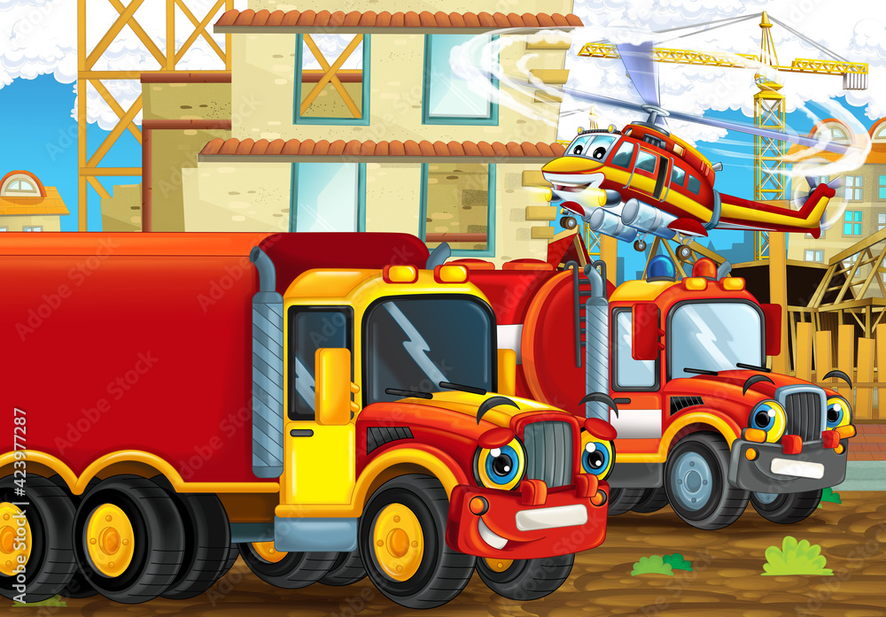 Fototapeta premium cartoon scene construction site cars vehicles helicopter