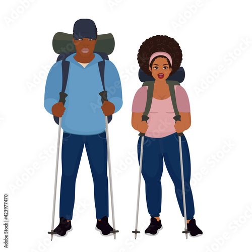 Young active couple traveling together with backpacks on summer holidays. Colored flat vector illustration of travelers isolated on white background.